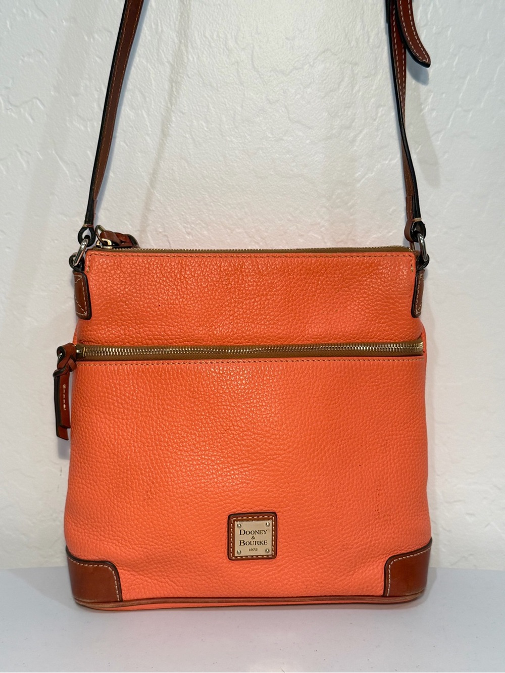 Dooney & Bourke Orange Pebble Leather Crossbody with Brown Trim